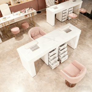Modern White Marble Top Glass <b>Nail</b> Salon <b>Desk</b> with Dust Collector Fan for Living Room Manicure Lap Reception - Product Image 3