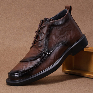 Men's Brown Genuine Leather Lace-up <b>Dress</b> <b>Boots</b> Round Toe Rubber Outsole Comfort Solid Genuine Leather Lining Autumn Office Wear - Product Image 2
