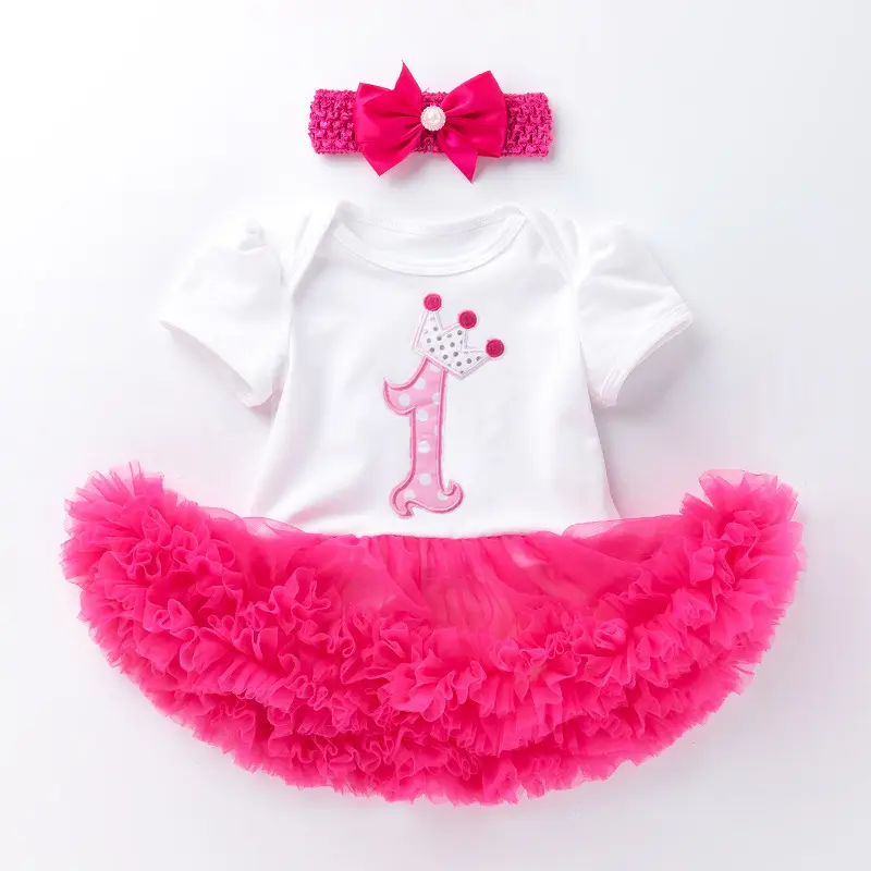 Baby Mädchen Stirnband Bogen Geburtstag geschwollene Kleid Kleidung Kleidung setzt Säugling Stram pler Baby 1 Geburtstags kleid