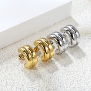 Trendy 18K <b>Gold</b> Plated Two-tone Double-layer <b>Chunky</b> C <b>Hoop</b> Earring Stainless Steel Jewelry Wholesale Stud Earrings for Women - Product Image 6