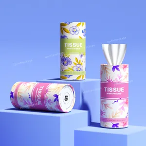 Recycled 100% Flower Pattern Tissue Paper Tube Cylinder Car Travel Tissues Container Packaging Tube With Plastic Lid