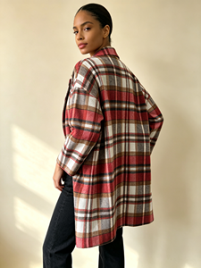 Abrigo extragrande de mezcla de lana a cuadros para mujer, con solapa con muescas, un solo botón, largo medio, holgado, con estampado de tartán - Product Image 3