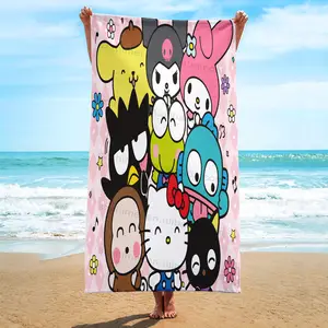 Toalhas de praia de verão para crianças, toalhas de microfibra macias de microfibra personalizadas de luxo com estampa 3D para gatinhos Sanreo Kuromy Mymelody desenhos animados