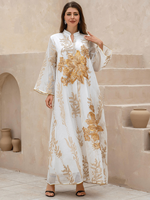 Abaya ample et respirante à col montant, broderie florale à sequins épais, manches à bordure dorée, en polyester, pour mariage musulman, style maxi kaftan