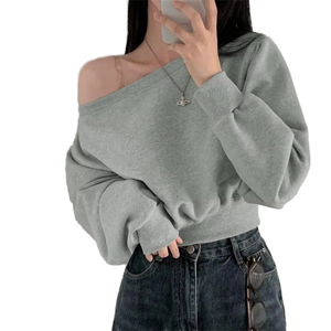 Sudadera Corta Casual Ecológica para Mujer, con Hombros Descubiertos, Transpirable, Holgada, Estilo Urbano, Antiarrugas, con Bordado - Product Image 1