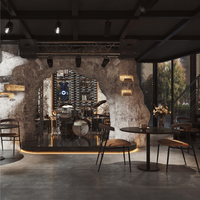 Tables et tabourets de bar en bois massif sur mesure, design rétro style industriel, décoration intérieure de bar commercial.