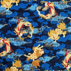 Organic Soft Cotton Fabric Stamping Metallic Dragon Wave Design Red Navy In Stock for Han Chinese Clothing Bedding Sheet