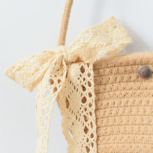 Straw Bucket Bag Cylindrical Crossbody Shoulder Bag With Lace Bow Beach Casual Women's <b>Small</b> Portable Spring 2023 - Product Image 3