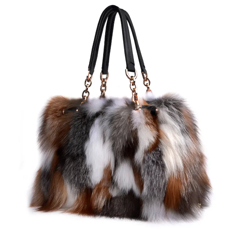 High Quality Luxury Dye Color Fox Fur Handbag Winter Fox Fur Tote Bag