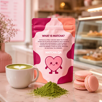Sachet d'emballage de poudre de matcha avec logo personnalisé, motif cœur de dessin animé, pochette mate autoportante de qualité alimentaire refermable avec fermeture éclair, vente en gros