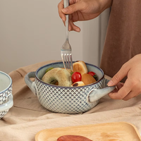 Harmony Nordic Retro Geometrisch Geprägte Schale mit Doppelgriffen für Haushalt und Restaurant, Geeignet für Nudeln, Suppe, Reis und Brot
