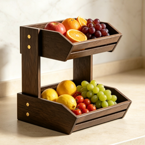 Organisateur de comptoir à 2 niveaux en bois foncé, présentoir incliné à double plateau pour fruits et légumes, pour cuisine et garde-manger - Product Image 3
