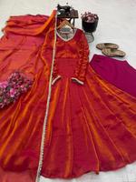 Ensemble robe de soirée, pantalon et dupatta en soie Fendy de qualité supérieure pour femmes, avec un style élégant et un charme ethnique gracieux, idéal pour les mariages et les soirées.