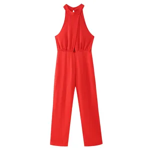红色时尚设计前狭缝女性休闲一体式连身衣休闲运动服