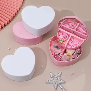 Girls Pink White Cosmetic Organizer Heart-Shaped Jewelry Storage Box Mirror Plastic Bracelets Hair Band Display <b>Desk</b> Drawer - Product Image 2