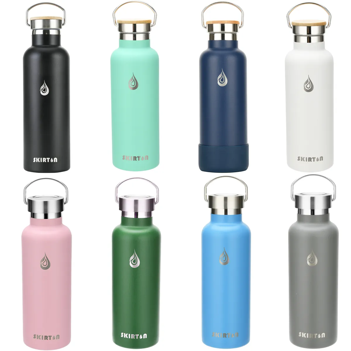 Skirton custom logo vacuum insulated double wall stainless steel 304 water bottle bamboo cap