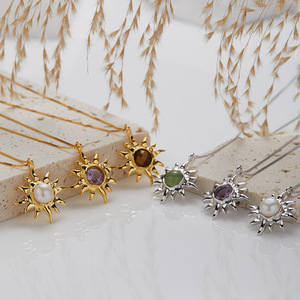 Französisch <span class=keywords><strong>Retro</strong></span> S925 Sterling Silber Natur perle Amethyst Tigerauge Jaspis farbige Edelstein Halskette weibliche Sonnenblume Anhänger - Product Image 1