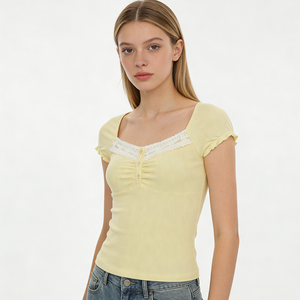 Sweet Girl <b>Lemon</b> Yellow Lace Trim Button Front T Shirt <b>Women</b> Cap Sleeve Slim Fit Cute Casual <b>Top</b> - Product Image 4