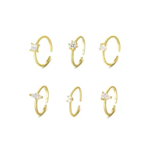 Minimalist fashion S925 silver wholesale jewelry 18k gold plated zircon thin open rings adjustable for women