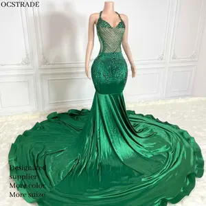 Ocstrade grosir 2024 celah tinggi wanita gaun wanita Satin payet panjang lantai korset Formal berlian imitasi pesta gaun malam