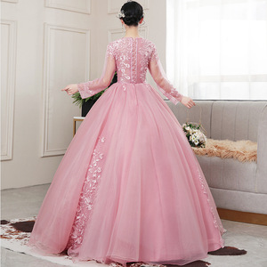 V Neck Ball Gown Dress With Floral Embroidery Pink Long Evening Dress For Women Empire Waistline Full Skirt Formal Wear - Product Image 4