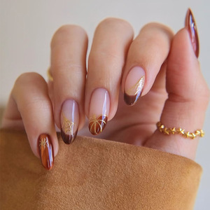 Ongles à presser en ABS <span class=keywords><strong>de</strong></span> luxe rouges pailletés style French Manucure, <span class=keywords><strong>faux</strong></span> ongles nude amande avec motifs dorés, réutilisables, 24 pièces - Product Image 1