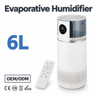 Humidificateur évaporatif 6L, débit de 1000mL/h, réservoir à remplissage par le haut, affichage numérique et télécommande