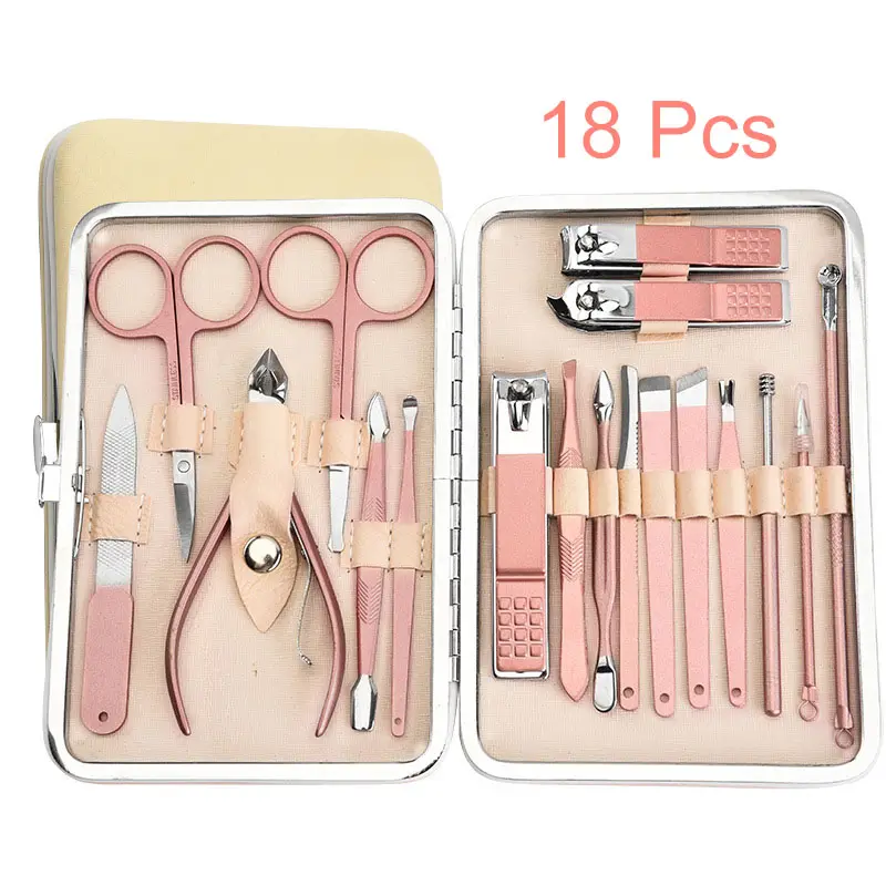 18 Pcs Long Style Rose Gold Bag Pedicure Sets Manicure Sets Kits Include Eyebrow Tweezers Use Personal Care Nail Tools