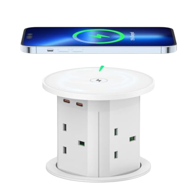 4 Outlets Pop Extension Socket Industrial Kitchen Hospital Use 15W Wireless Charger 4 UK Plugs 3 USB Ports Tamper Resistant WiFi
