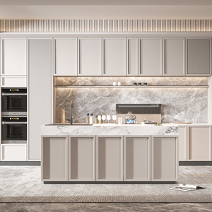 Meuble de cuisine encastré blanc de style français avec îlot en pierre frittée et armoire à vin en verre pour maisons de luxe - Product Image 2