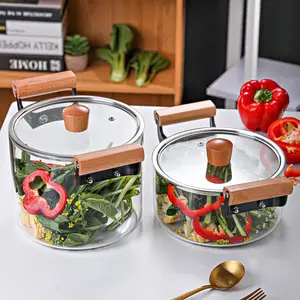 Hot Sale Clear High Borosilicate Heat Resistant Glass Cooking Pot With Wooden Handle