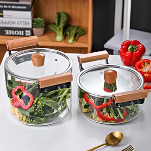 Bán Hot rõ ràng cao borosilicate chịu nhiệt Glass nấu ăn nồi với tay cầm bằng gỗ