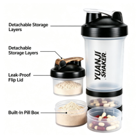 Bouteille de shaker de protéines de sport à 3 couches avec logo personnalisé, sans BPA, en plastique, avec boule de shaker et couvercle à poignée