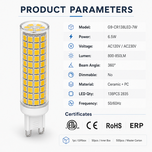 หลอดไฟ LED ข้าวโพด G9 7W 138LED 800-850LM AC 120V/230V SMD ปรับความสว่างได้ FCC ETL CE RoHS 15000H รับประกัน 2 ปี โคมไฟระย้า - Product Image 2