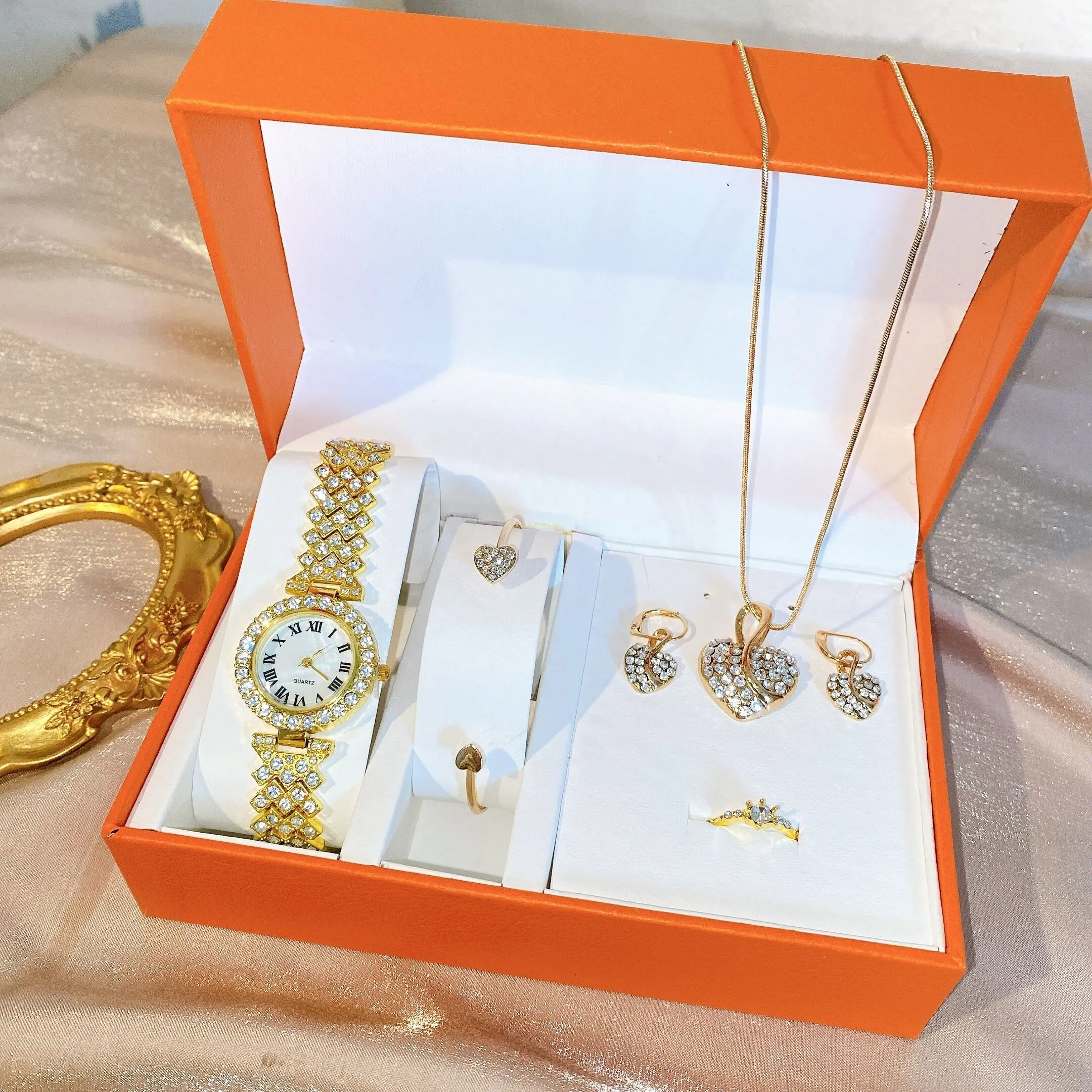 Joyas De Acero Fine Luxury Women Watches Crystal Bracelet Stud Earring Necklace Set Ladies Casual Quartz Watch Set Jewelry