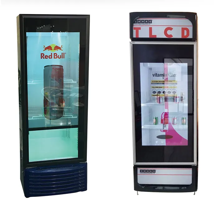 Içecek soğutucu ekran ile şeffaf LCD buzdolabı cam kapi