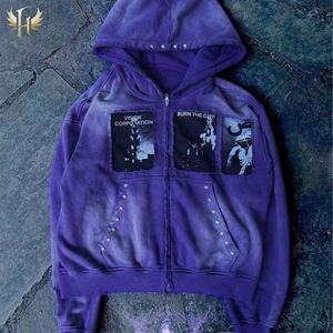 500GSM Hoodies Metal Rivet Custom Cut and Sew Splicing Sun Faded Acid Wash Zip up Distressed Embroidered Hoodies - Product Image 1