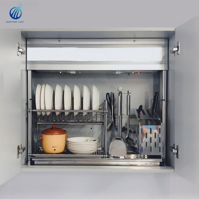 Automatic kitchen hanging cabinet with basket kitchen decoration cabinet accessories With disinfection lamp