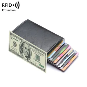 Free Sample Double Metal Case Holder PU Leather Pop Up Aluminium Alloy RFID Credit Card Holder Wallet