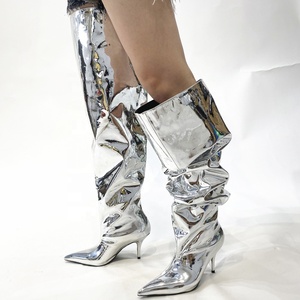 Fashion Trend Loose Pleated Upper Shoes Thin High Heels Pointed Toe Metallic Long <b>Boots</b> Women's Wide Fit Knee High Booties - Product Image 4