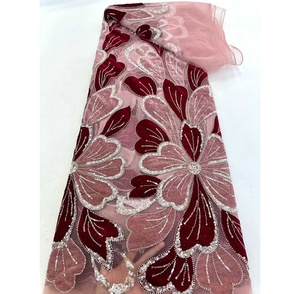 Tela de Encaje de <span class=keywords><strong>Terciopelo</strong></span> Francés Bordada con Flores de Alta Calidad, Lentejuelas y Cuentas, Ecológica, 5 Yardas, para Vestidos de Novia y Fiestas Africanas - Product Image 1