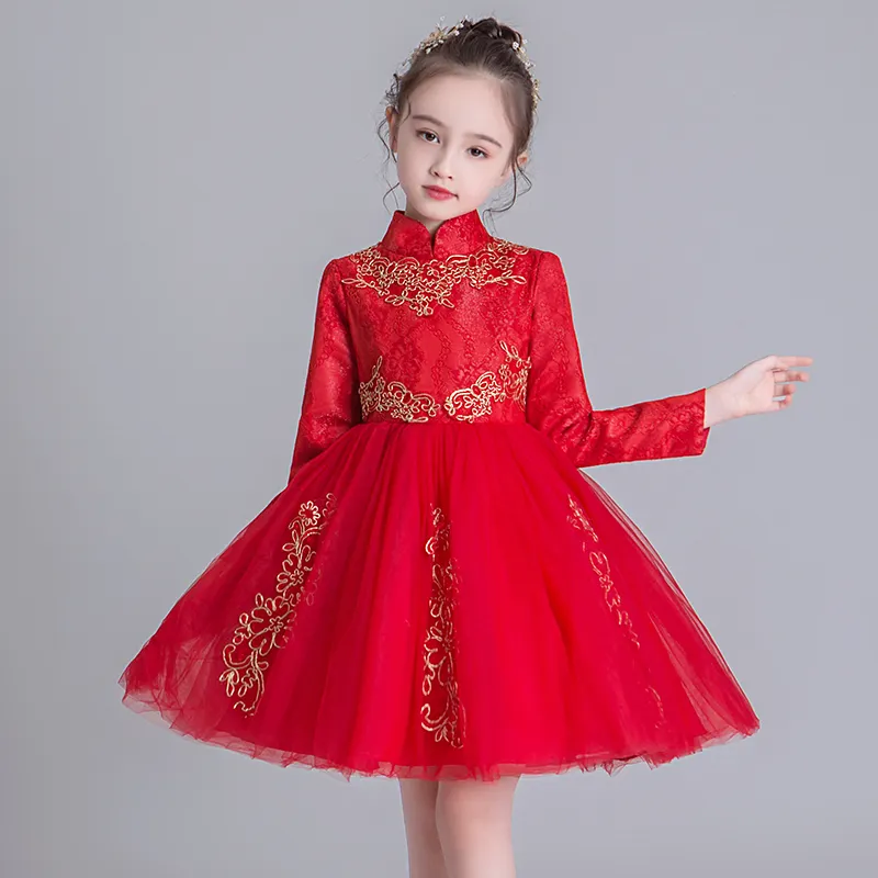 Girls Dress Flower Children's Wear Red Princess Lace Dresses Autumn And Winter Children's Performance Clothing