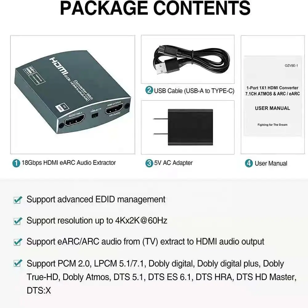 OZV8E-14K @ 60Hz HDMI 2.1 Audio Extracteur eARC, ARC HDMI2.0b Audio Convertisseur, Audio Vidéo Synchronisation Séparation