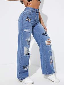 Nouvelle Collection : Jeans Femme Extensible en Denim Délavé Imprimé Papillon, Coupe Ajustée et Taille Haute, Style Skinny, Vente en Gros - Product Image 4