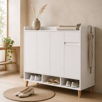 Meuble de rangement à chaussures blanc moderne et minimaliste pour entrée, 4 étagères réglables, compartiment pour bottes, charnières lisses, base aux coins arrondis