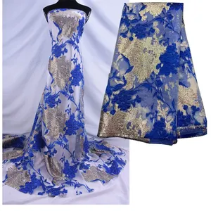 Tissu africain de luxe bleu pour robe broderie dentelle robe de mariée jacquard fleur organza tissu de broderie
