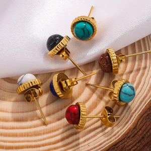 Pendientes de Botón Redondos de Piedras Preciosas Naturales de Moda para Mujer, Pendientes de Acero Inoxidable con Bola, Impermeables, de Alta Calidad, Joyería Diaria, Bisutería - Product Image 3