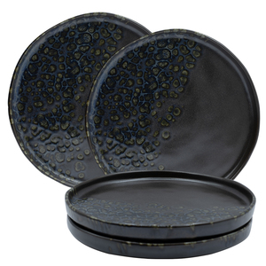 Ensemble de 6 assiettes profondes en porcelaine noire avec détails bleus et dorés, diamètre 18 cm, bord de 4,5 cm, idéal pour les soupes - Product Image 1