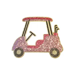 Golf cart sequin embroidered iron on patch custom disc golf sports chenille embroidery heat press patches For Clothing