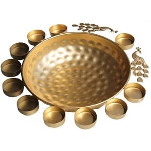 PARIJAT Handicrafts Juego de cuencos Uruli de diseño de pavo real de 3 piezas Hermoso color dorado Metal Decoraciones para el hogar Velas flotantes de pavo real - Product Image 1